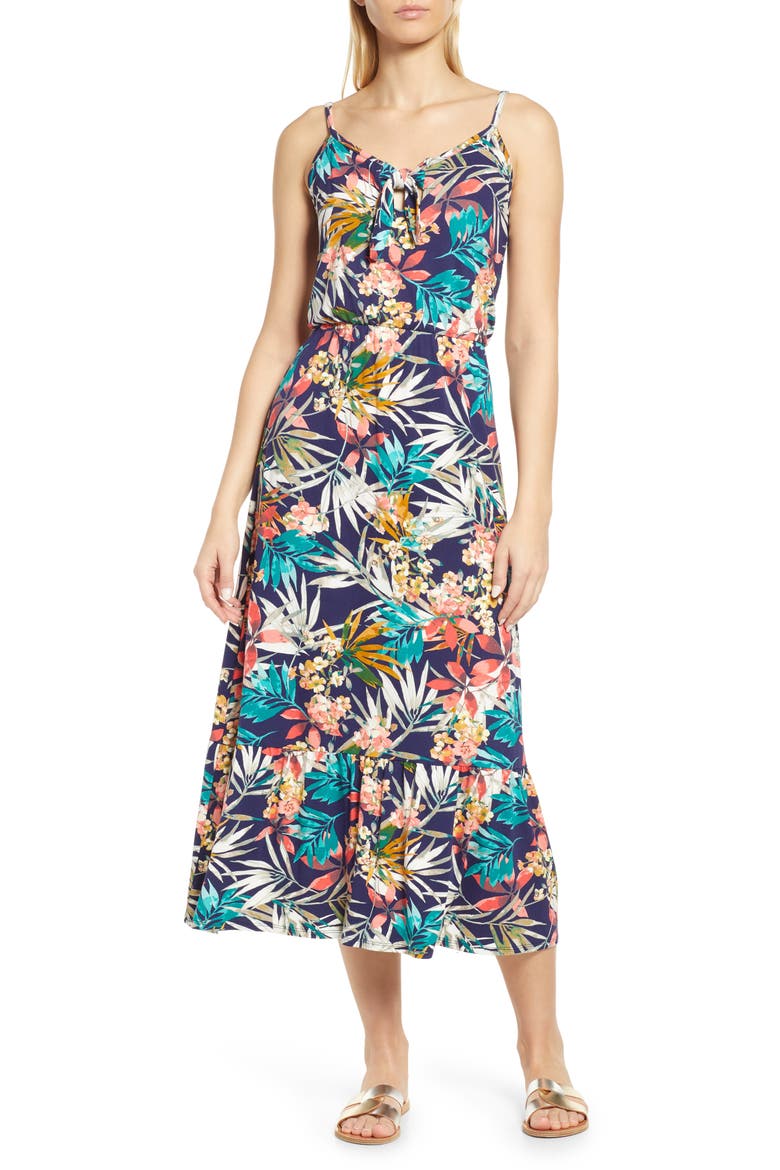 Tie Front Maxi Sundress, Main, color, NAVY CORAL