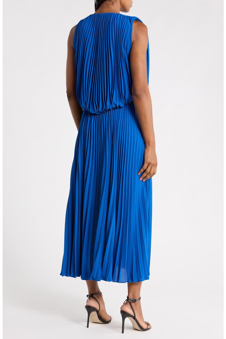 Pleated V-Neck Midi Dress, Alternate, color, BLUE