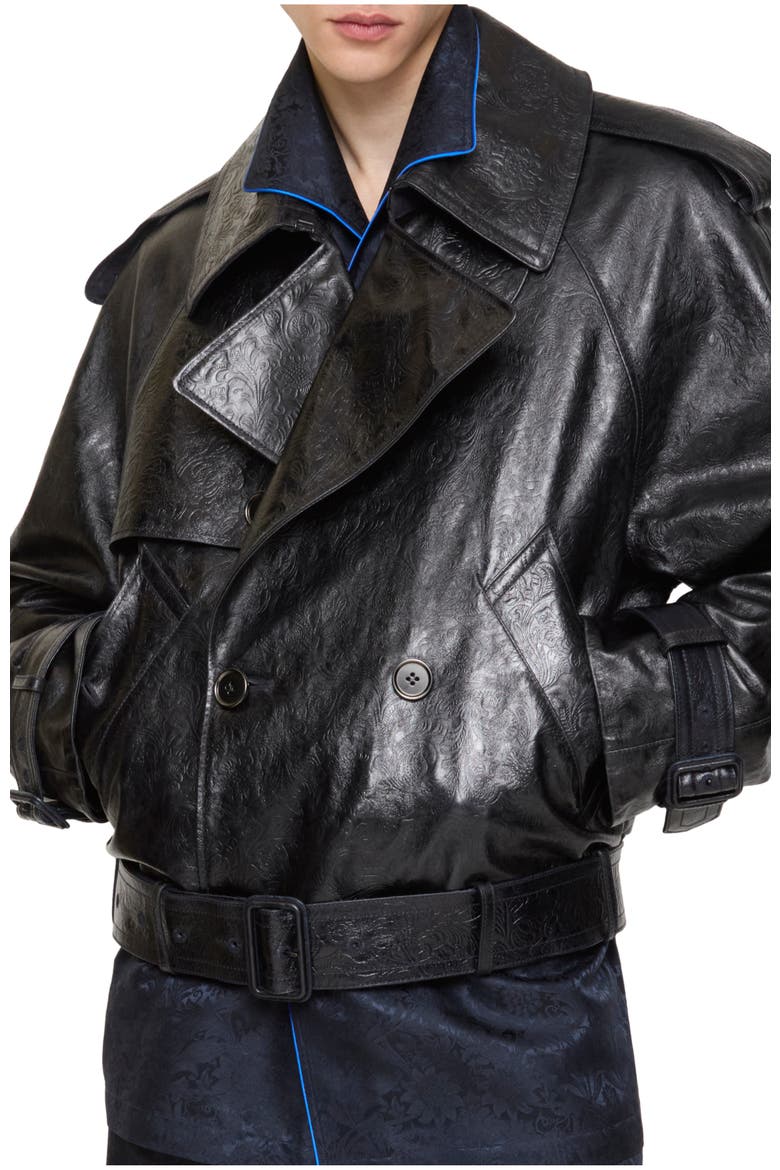 Cropped Embossed Leather Trench Jacket, Main, color, Silhouette black