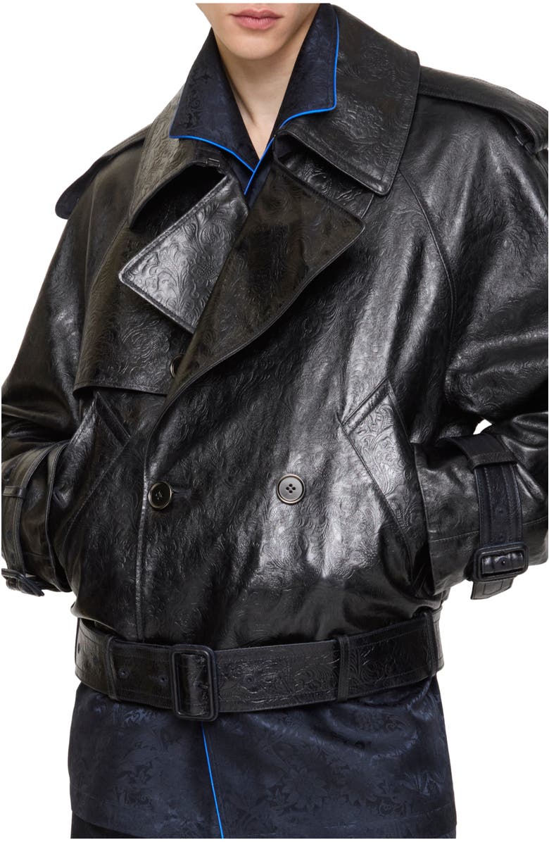 Burberry Cropped Embossed Leather Trench Jacket, Main, color, Silhouette Black