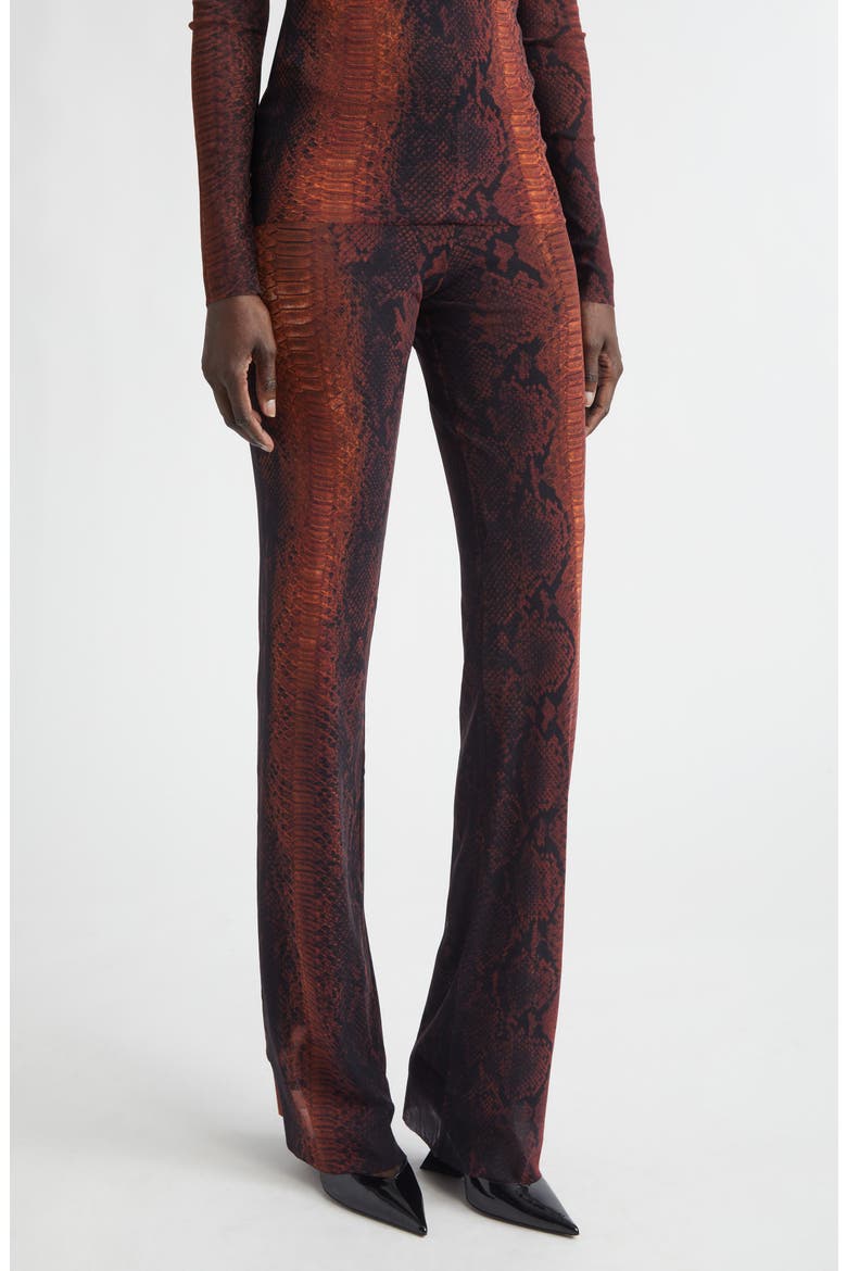 Snakeskin Print Mesh Flare Pants, Main, color, BROWN/ BLACK