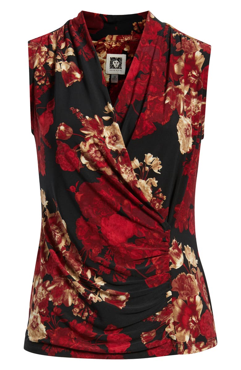 Anne Klein Floral Print Ruched Sleeveless Top, Alternate, color, Anne Black Multi
