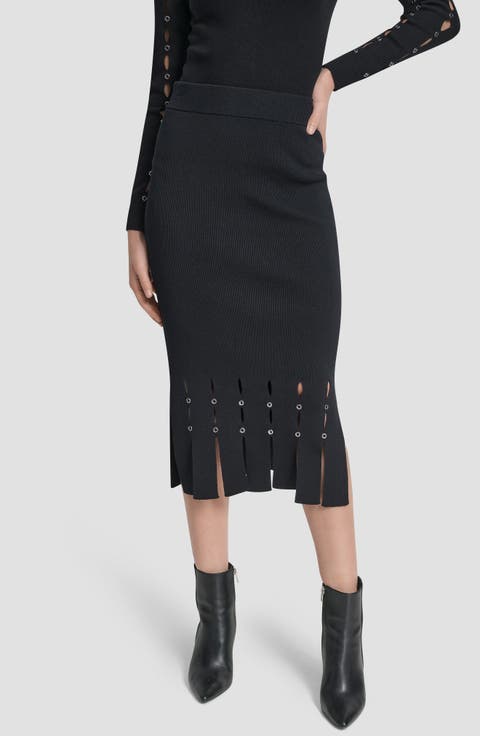 Grommet Trim Fringe Hem Sweater Midi Skirt