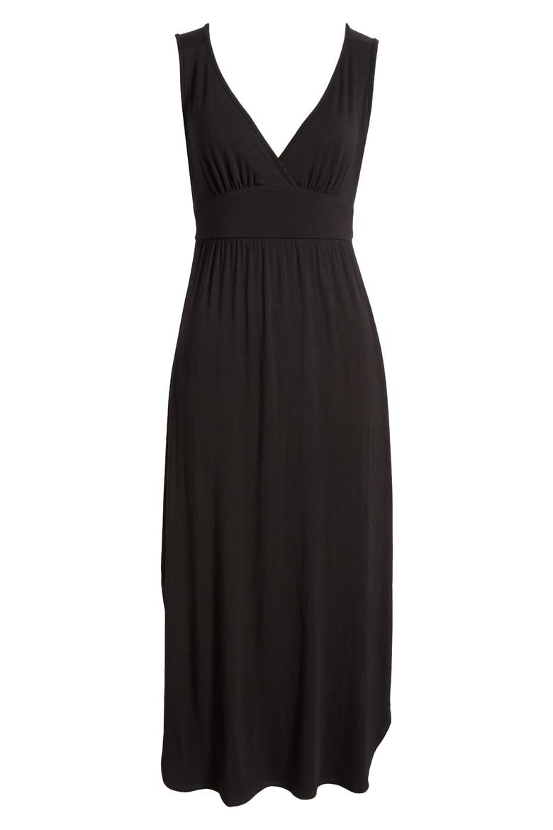Sleeveless V-Neck Jersey Midi Dress, Alternate, color, BLACK
