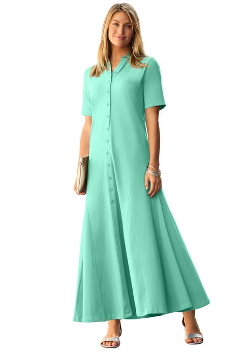 Stretch Cotton Button Front Maxi Dress (Plus)
