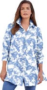 Roaman's Kate Long-Sleeve Crisp Cotton-Blend Button-Front Tunic