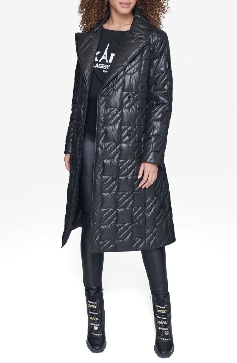 KARL LAGERFELD PARIS Houndstooth Quilted Tie Belt Double Breasted Trench Coat, Main, color, Black