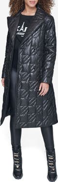 KARL LAGERFELD PARIS Houndstooth Quilted Tie Belt Double Breasted Trench Coat