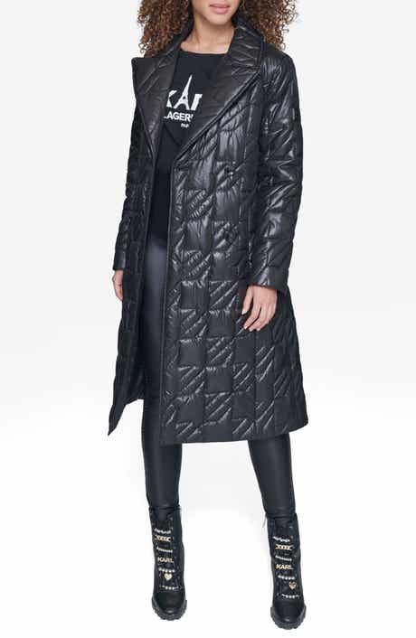 Houndstooth Quilted Tie Belt Double Breasted Trench Coat