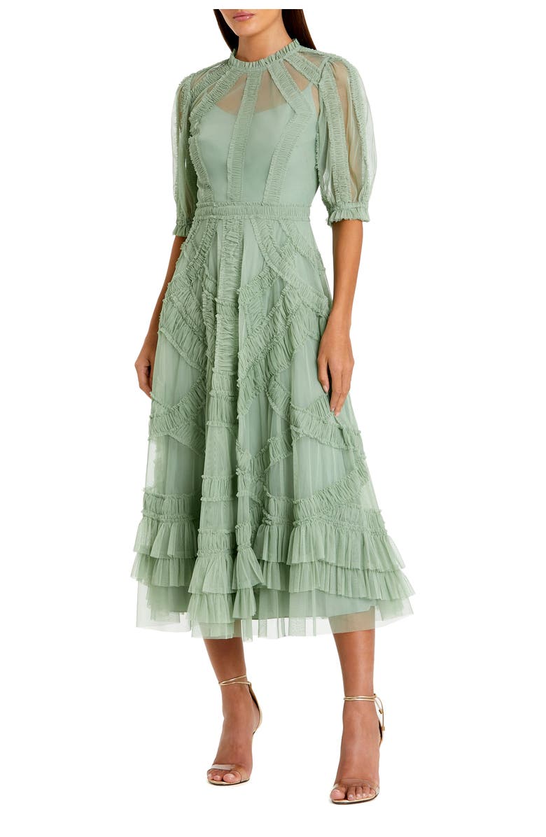 Mac Duggal Petite Illusion High Neck Tiered Ruffle A-Line Midi Dress, Main, color, Jade