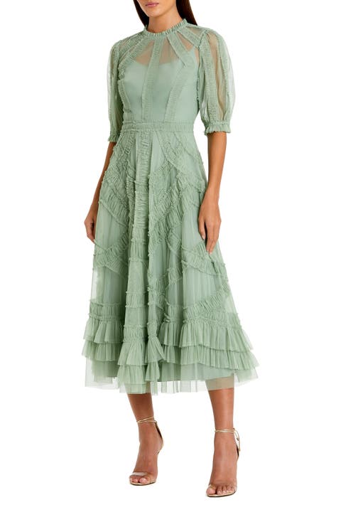 Petite Illusion High Neck Tiered Ruffle A-Line Midi Dress