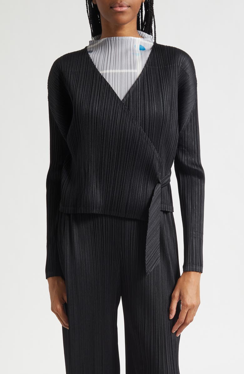 Pleats Please Issey Miyake Facade Pleated Wrap Top, Main, color, Black