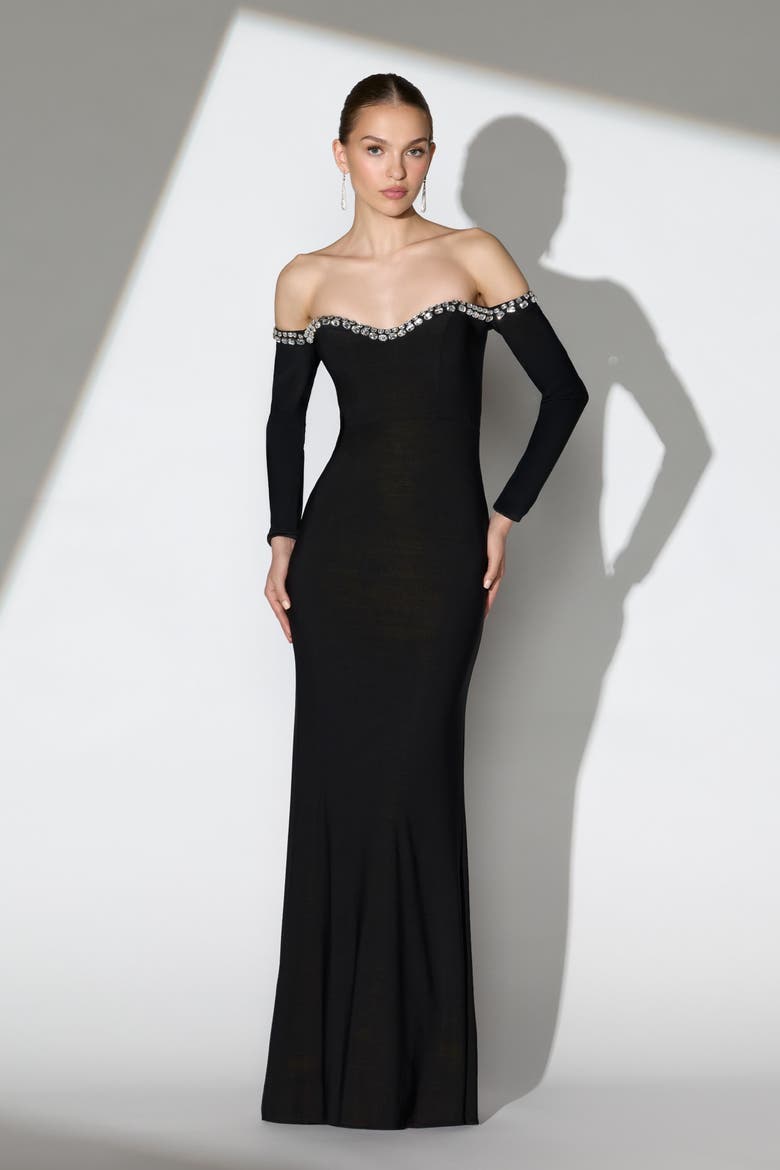 Long Sleeve Off The Shoulder Mermaid Gown, Alternate, color, Black