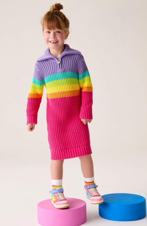 LITTLE BIRD LITTLE BIRD KIDS' RAINBOW STRIPE LONG SLEEVE COTTON QUARTER ZIP SWEATER DRESS 