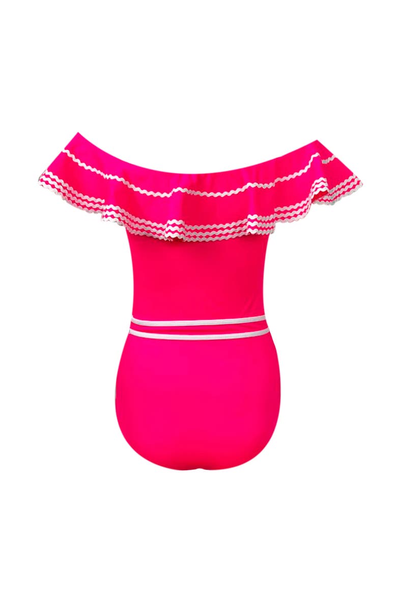 Off Shoulder Ruffle Ric-Rac Trim One Piece Swimsuit, Little Kid-Big Kid, Alternate, color, Pink