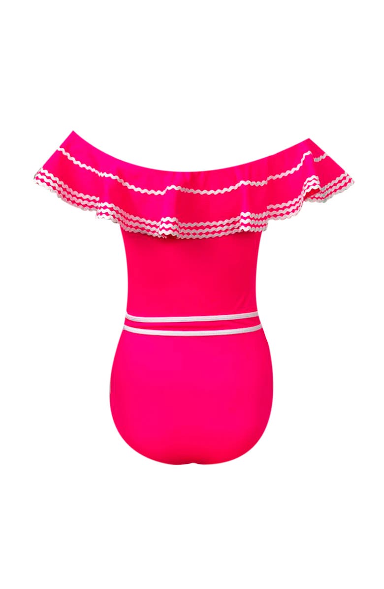 NESSI BYRD Off Shoulder Ruffle Ric-Rac Trim One Piece Swimsuit, Little Kid-Big Kid, Alternate, color, Pink