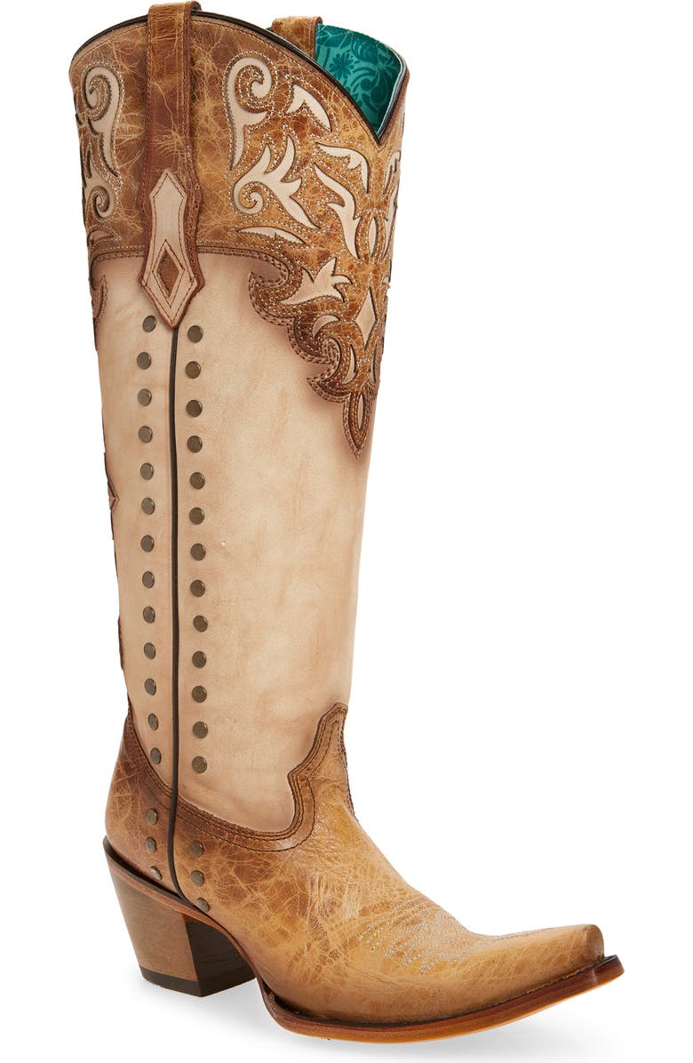 CORRAL Stud & Overlay Western Boot, Main, color, Honey/ Bone