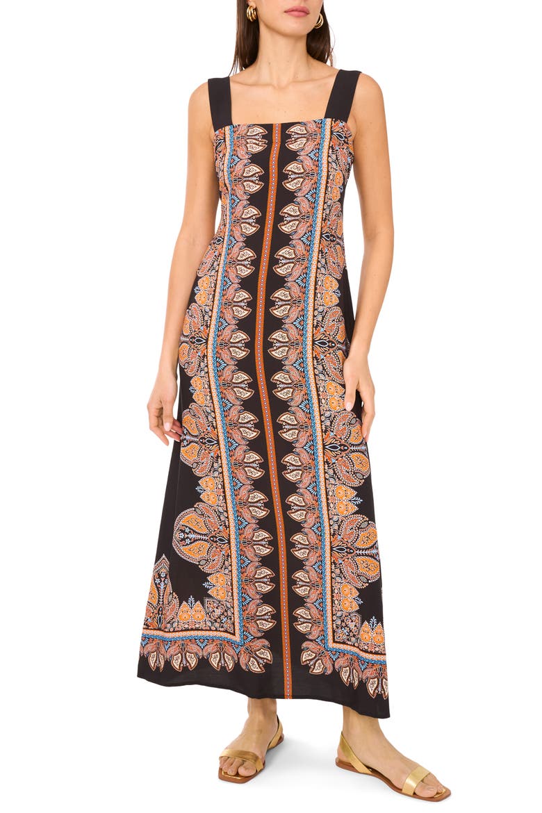 Print Square Neck Sleeveless Maxi Dress, Main, color, RICH BLACK