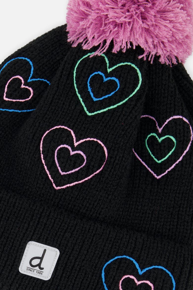 Winter Embroidered Heart Fleece-Lined Pompom Knit Hat, Alternate, color, Black, Mauve and Blue