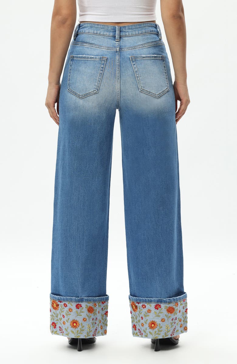 Bayeas Floral Embroidered High Waist Cuffed Wide Leg Jeans, Alternate, color, 