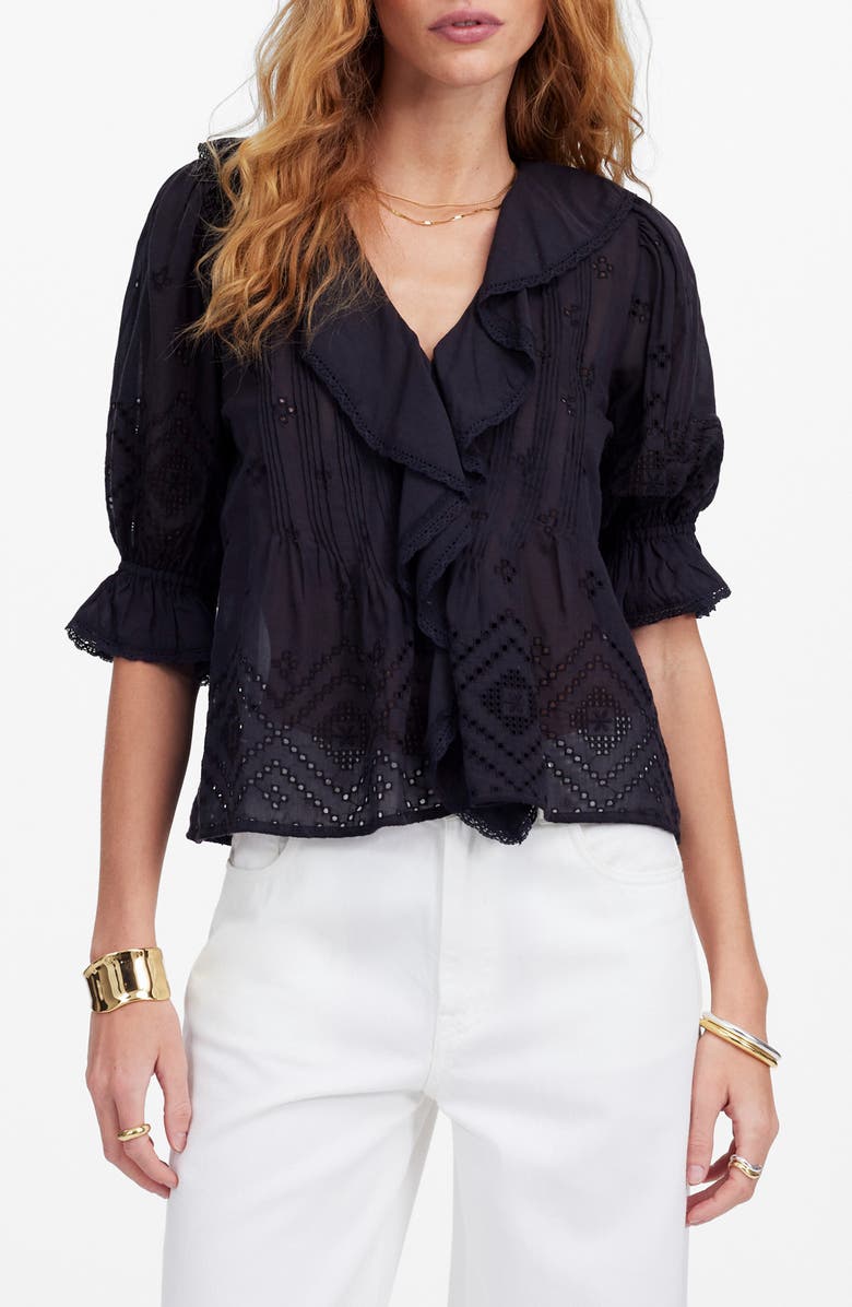 Madewell Pintuck Ruffle Puff Sleeve Top, Main, color, Jet Black