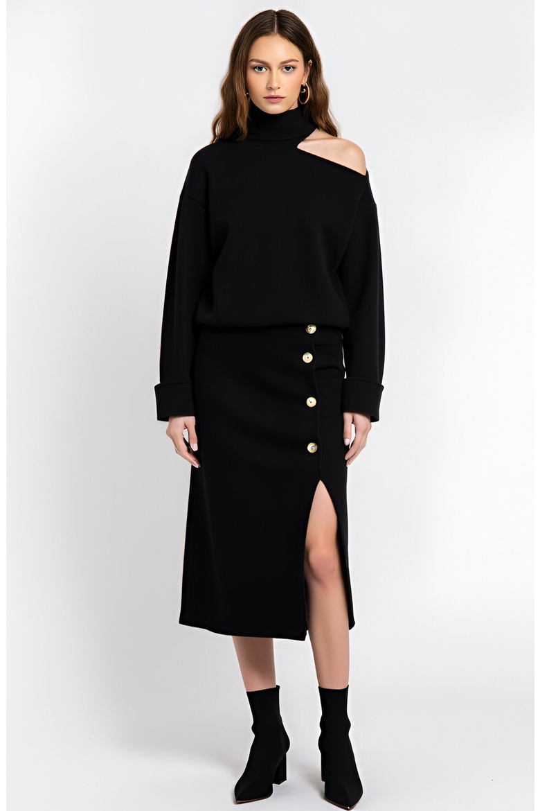 Asymmetric Turtleneck Pullover and Button-Front Slit Skirt Set, Main, color, Black