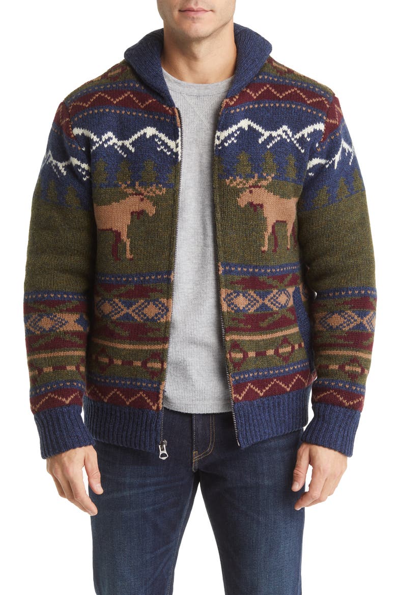 Moose Shawl Collar Wool Blend Sweater Jacket with Faux Shearling Lining, Main, color, MULTI