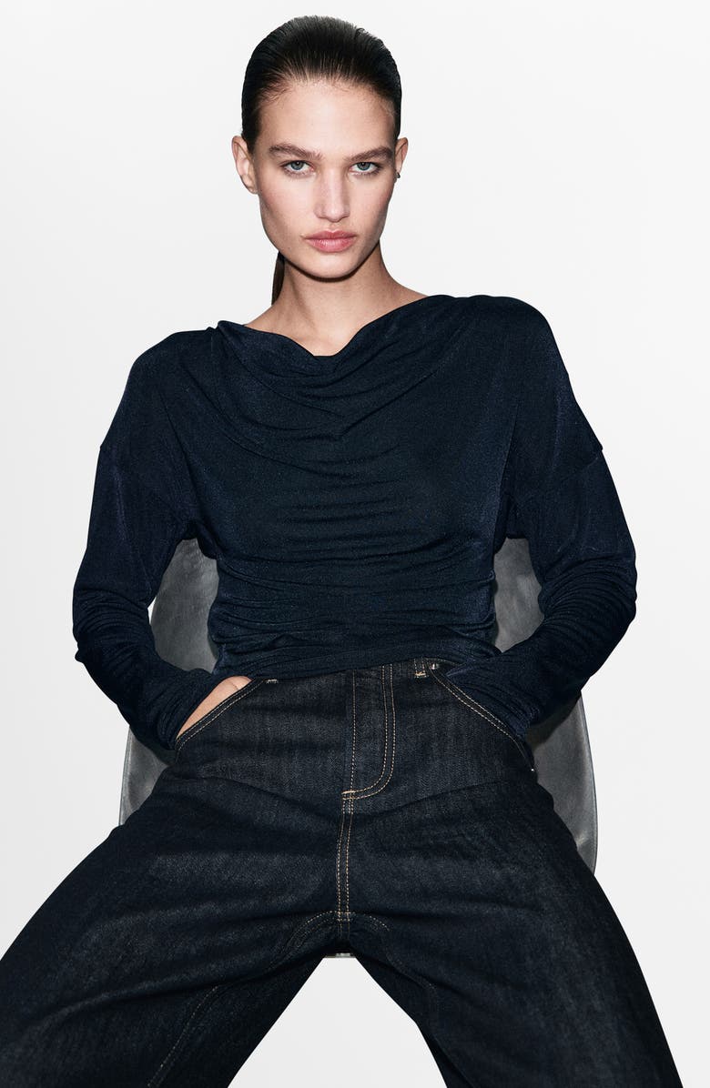 MANGO Metallic Drape Neck Long Sleeve Top, Alternate, color, Night Blue