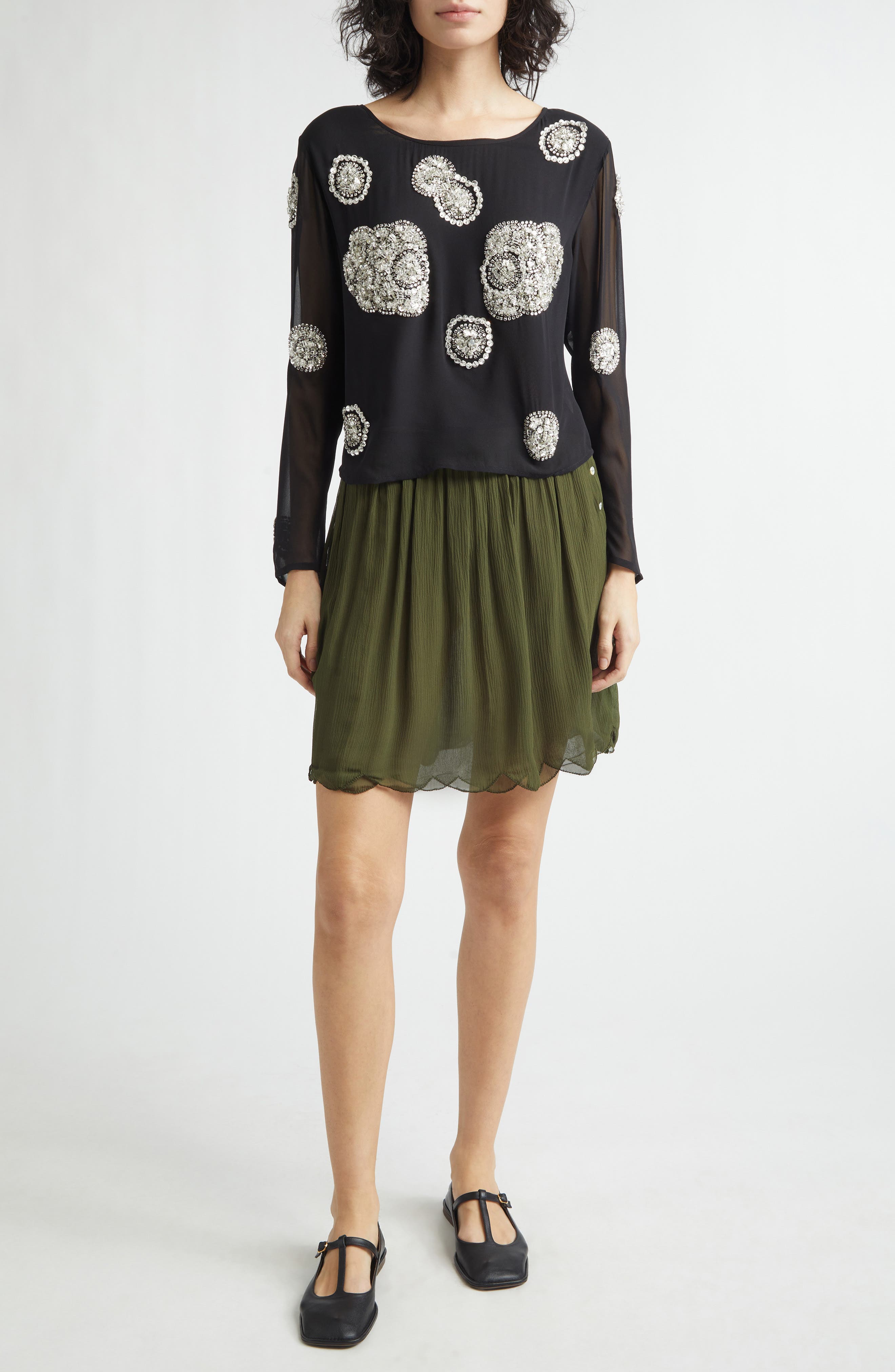 Brooch Crystal Beaded Silk Georgette Top - image 2
