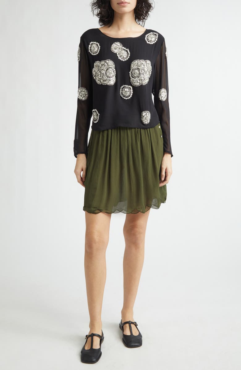 Bode Brooch Crystal Beaded Silk Georgette Top, Alternate, color, Black