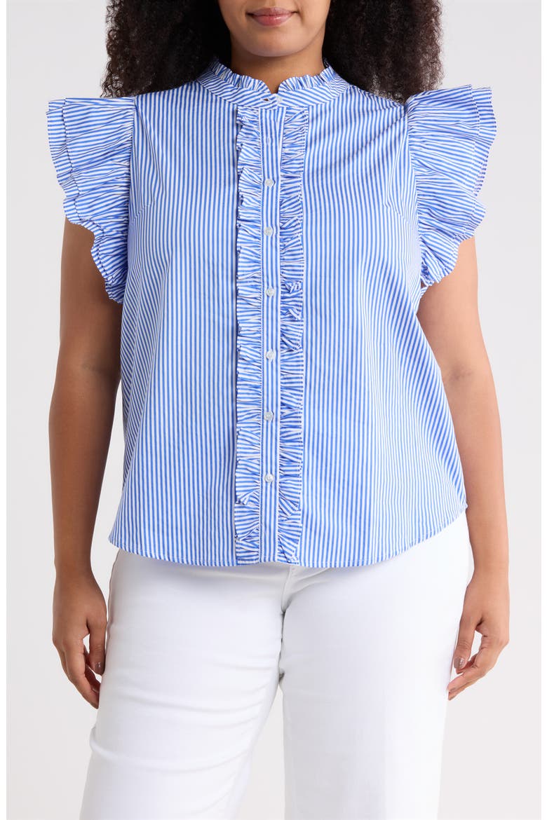 Sherah Stripe Ruffle Shirt, Main, color, BLUE-WHITE-STRIPE