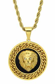 Men's 18K Gold Plated Stainless Steel Lion's Head Medallion Pendant Necklace