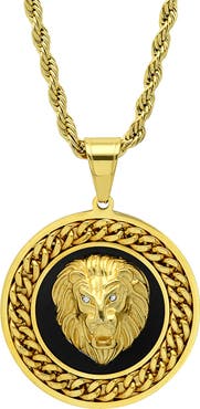 HMY JEWELRY Men's 18K Gold Plated Stainless Steel Lion's Head Medallion Pendant Necklace