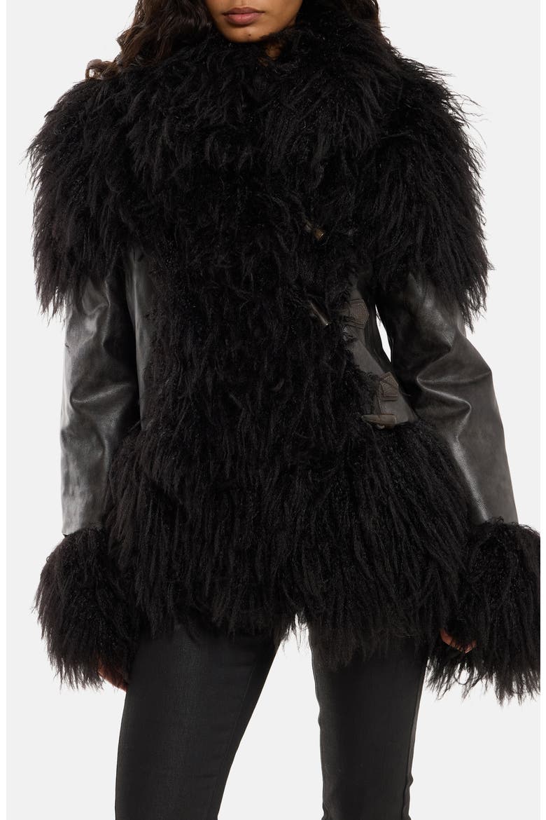 Faux Leather & Faux Fur Toggle Coat, Main, color, BLACK