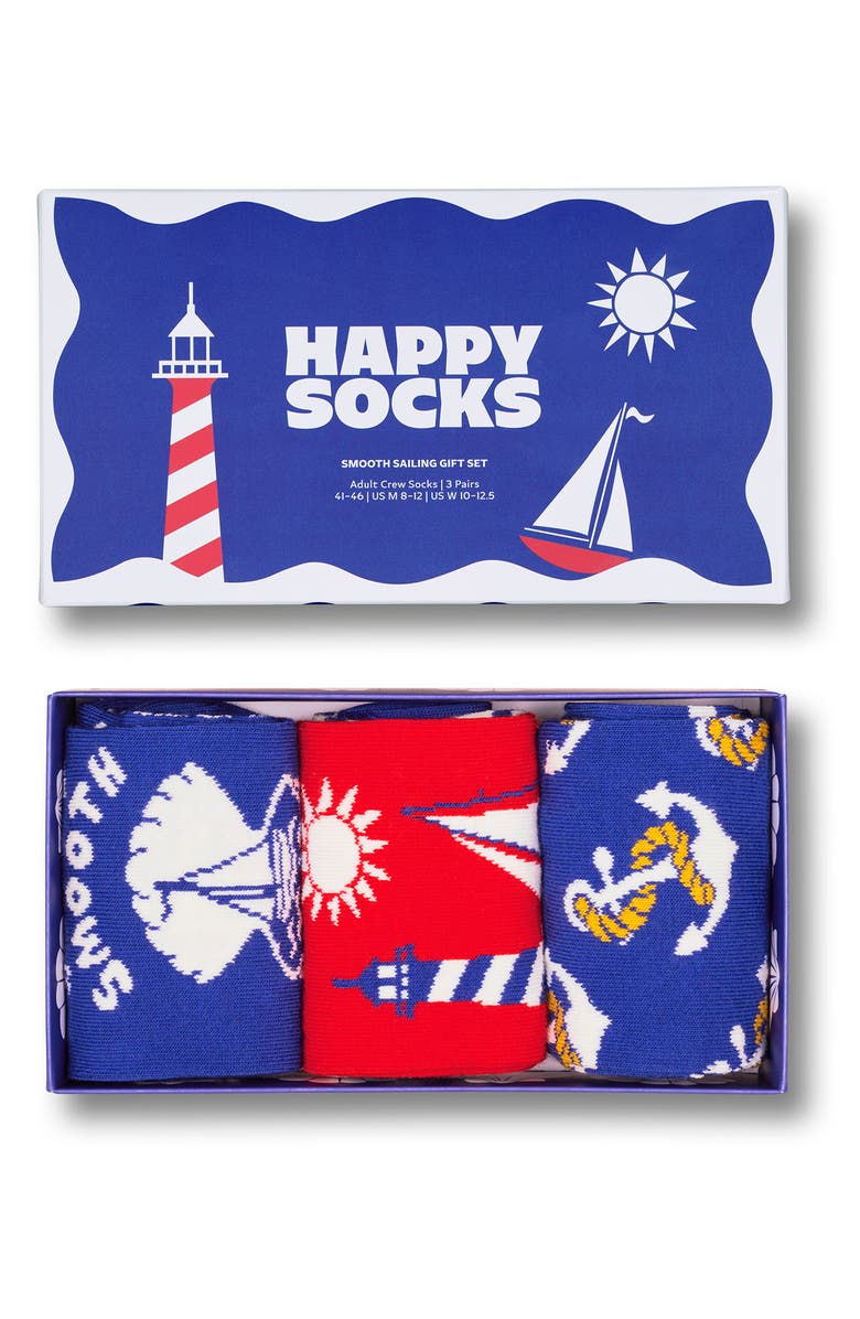 Happy Socks Assorted 3-Pack Smooth Sailing Socks Gift Box, Alternate, color, Blue