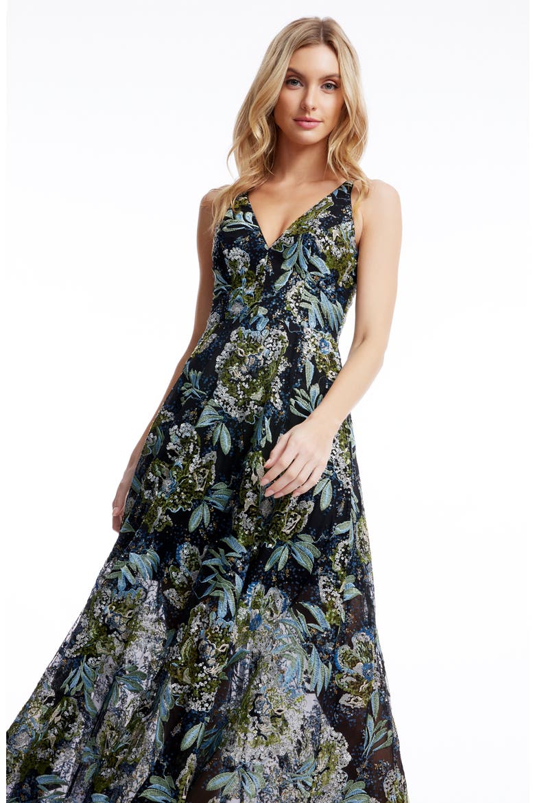 Ariyah Floral Sequin A-Line Gown, Alternate, color, BLACK MULTI