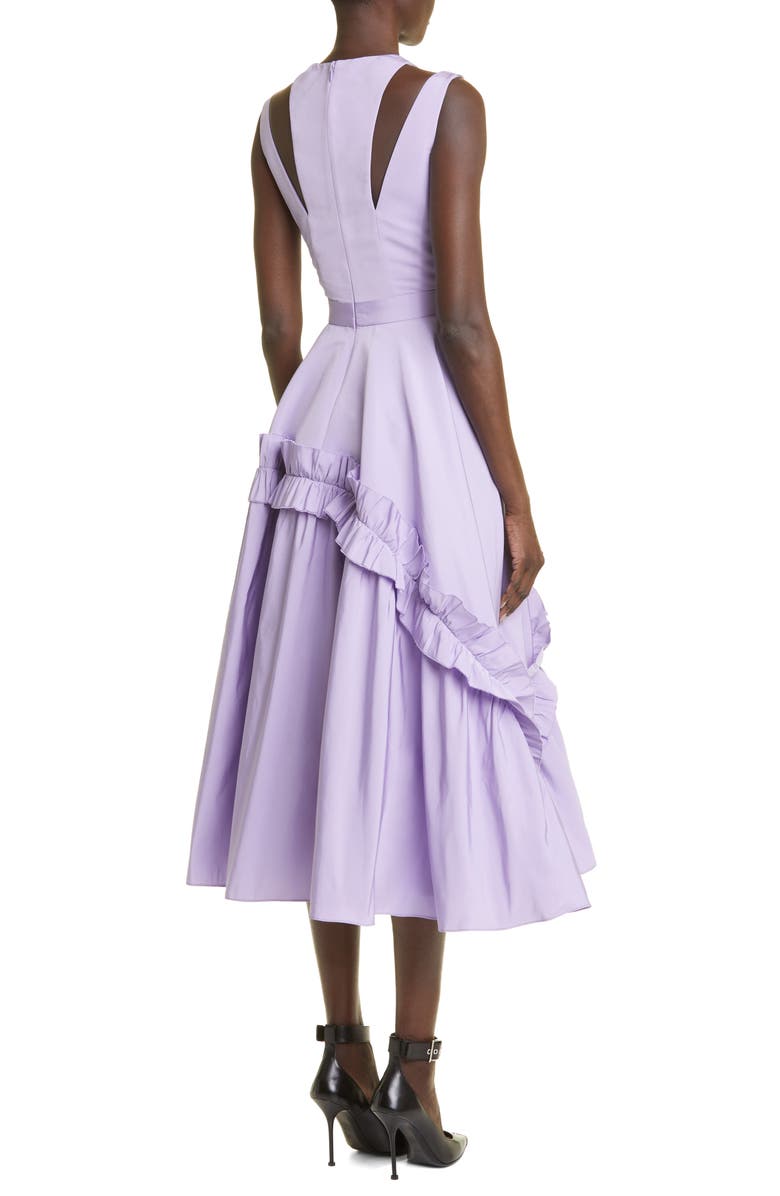 McQueen Shoulder Cutout Ruffle Faille Midi Dress, Alternate, color,