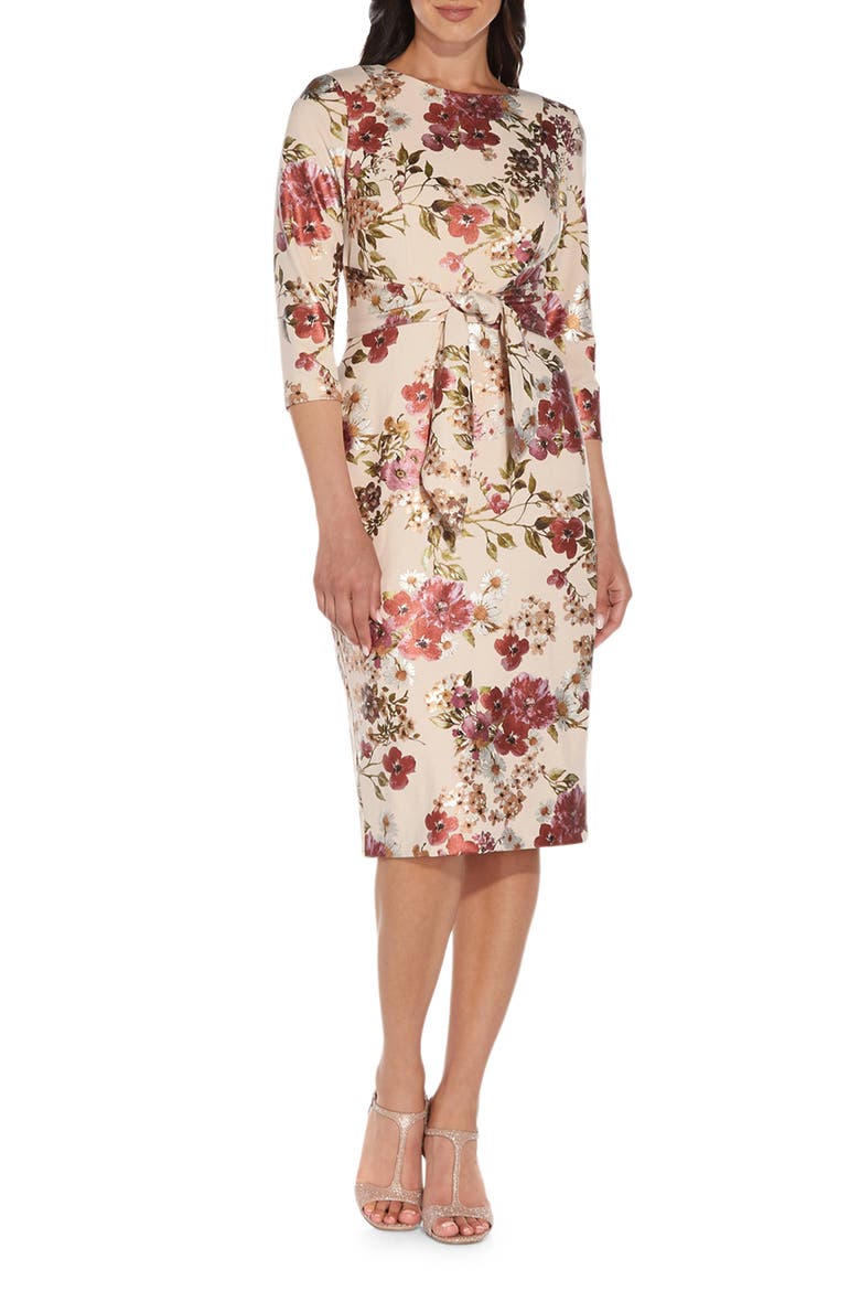 Floral Tie Front Padded Shoulder Sheath Dress, Main, color, ALABASTER MULTI