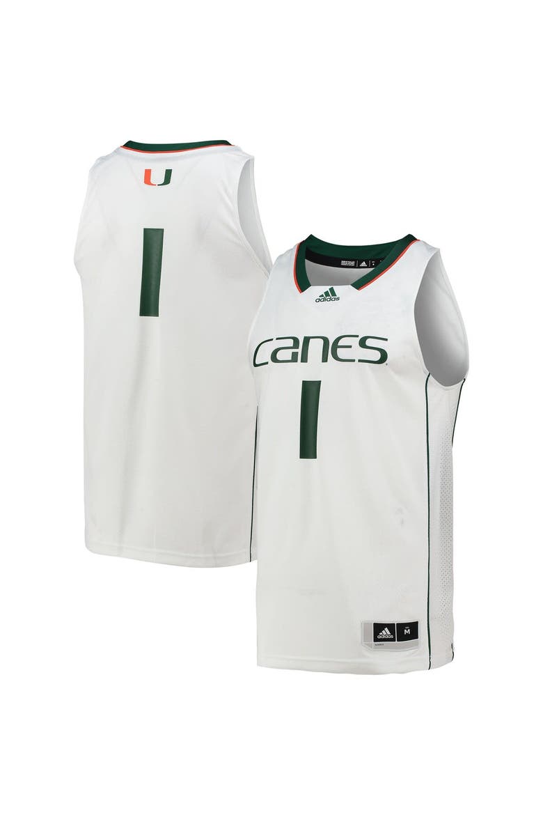Men's adidas #1 White Miami Hurricanes Team Swingman Basketball Jersey, Alternate, color, White