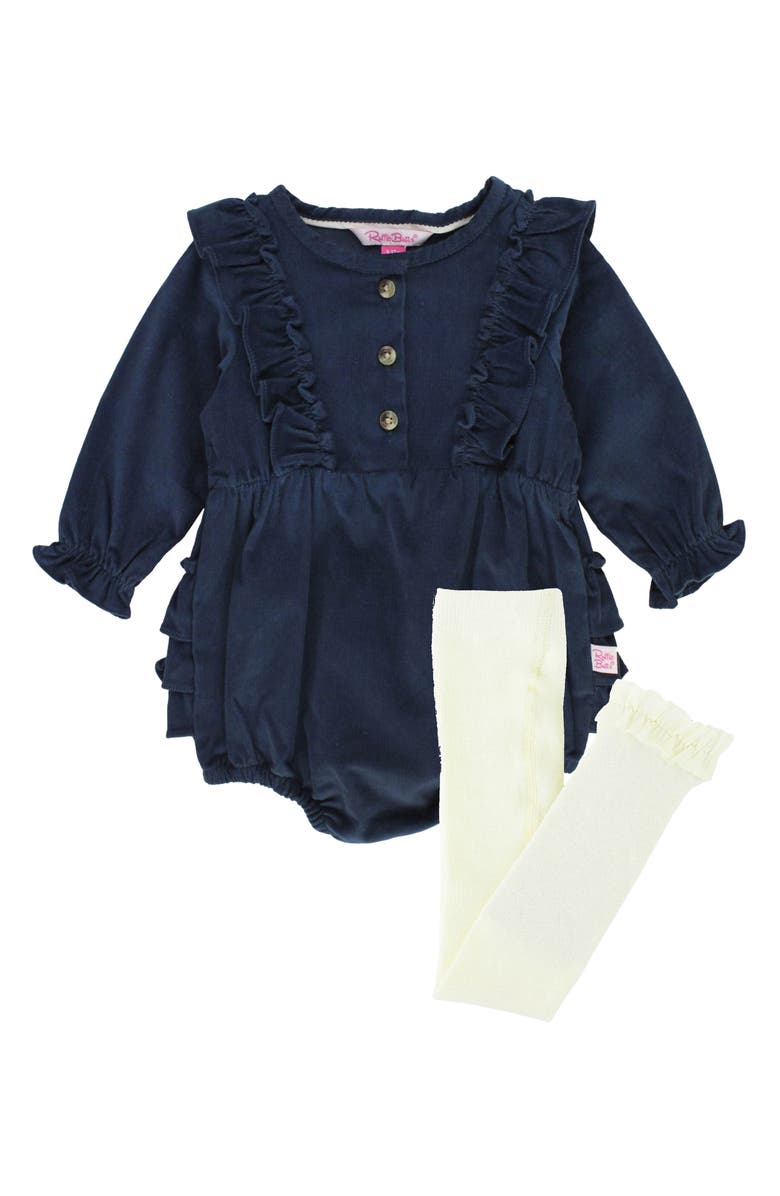 RuffleButts Cotton Corduroy Bubble Romper & Leggings Set, Main, color, Blue