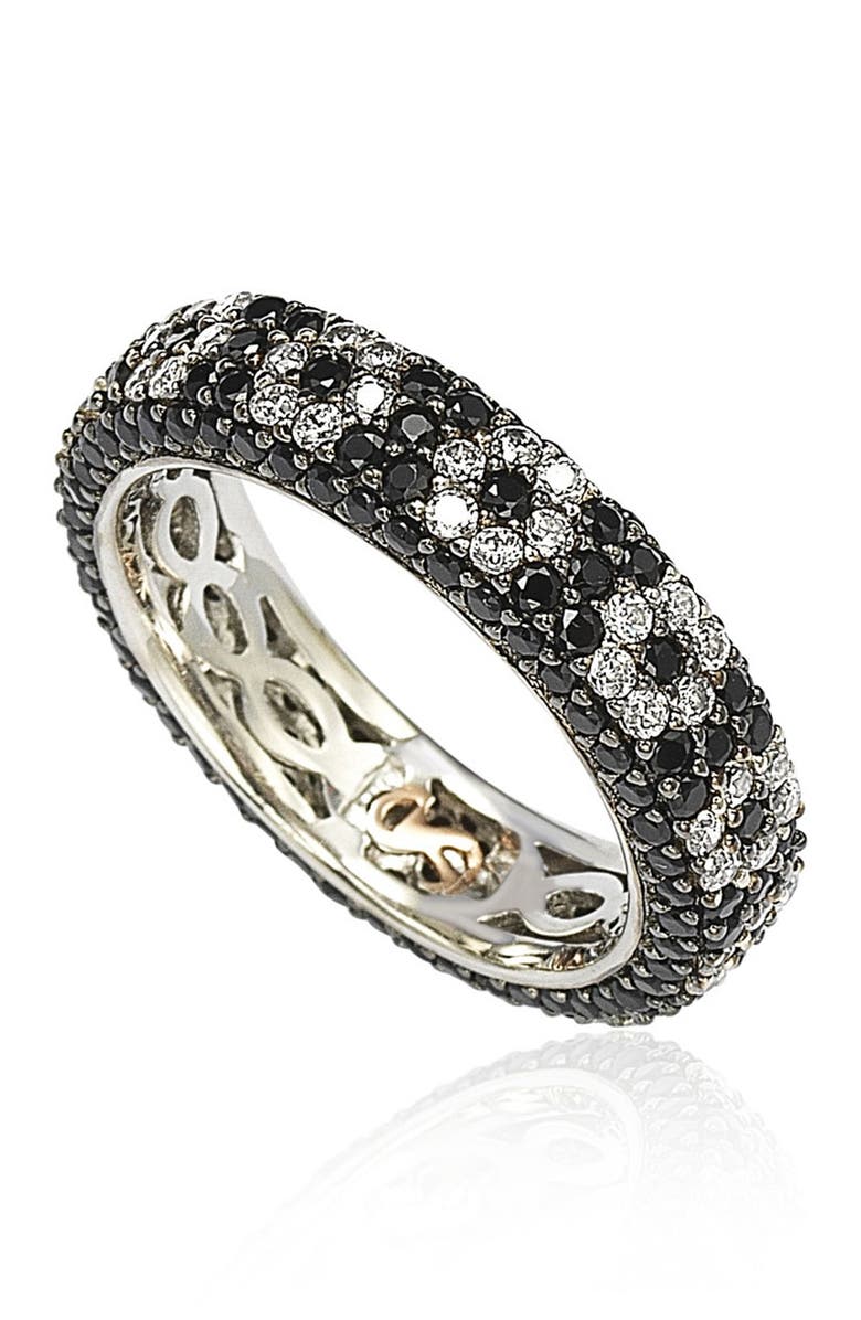 SUZY LEVIAN Sterling Silver Black & White Cubic Zirconia Flower Eternity Band Ring, Alternate, color, Black