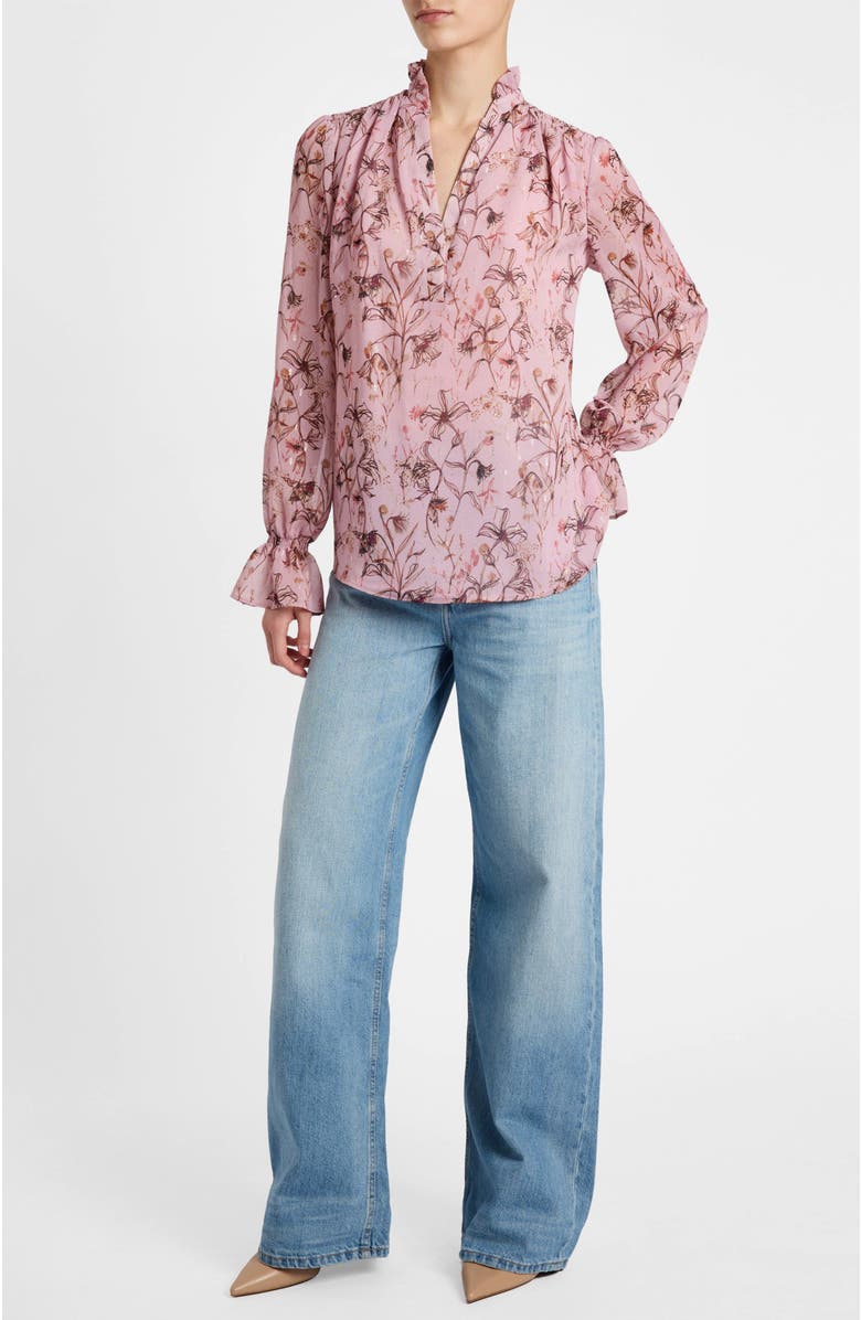 Santorelli Chelsea Long Sleeve Ruffle Neck Blouse in Printed Georgette, Alternate, color, Sweet Pink