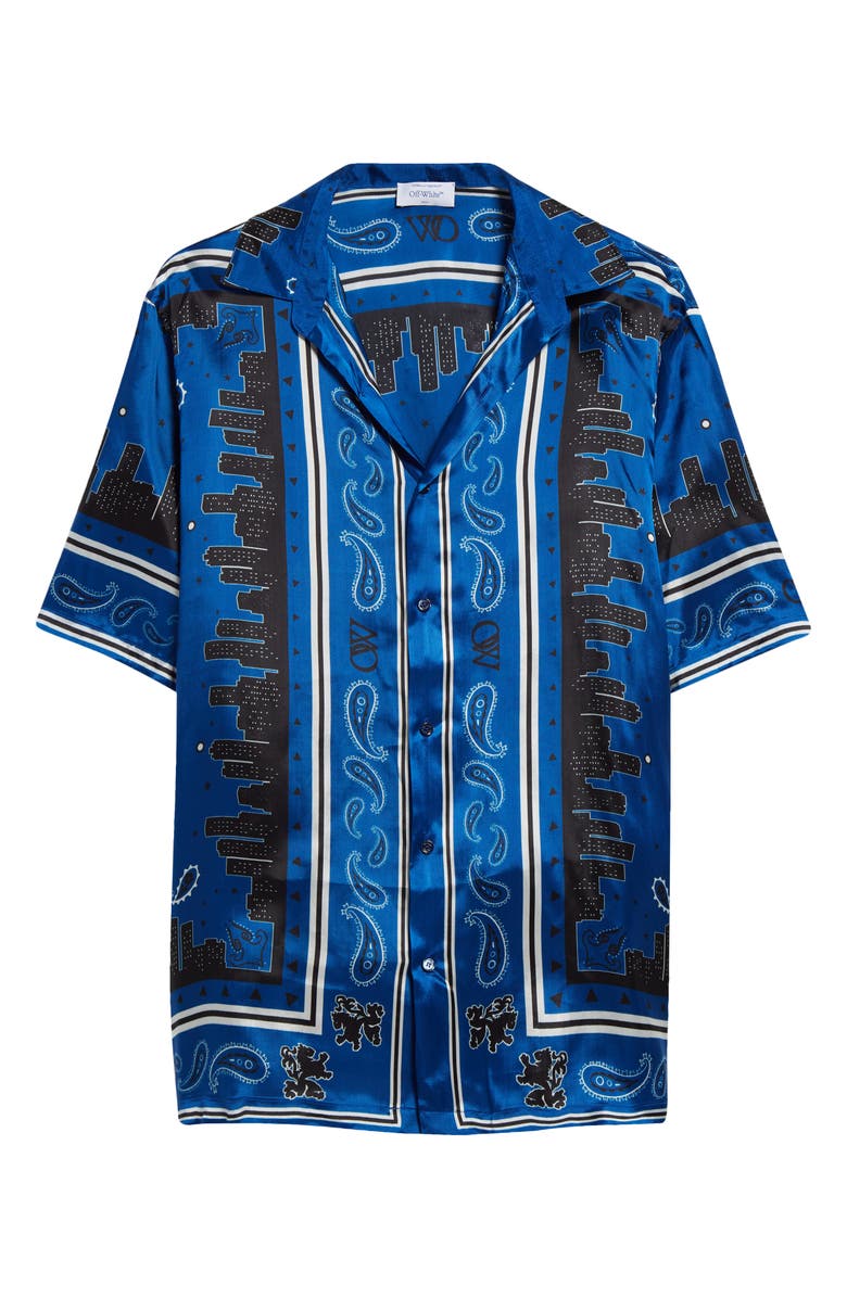 Off-White Bandana Short Sleeve Satin Button-Up Bowling Shirt, Alternate, color, Nautical Blue