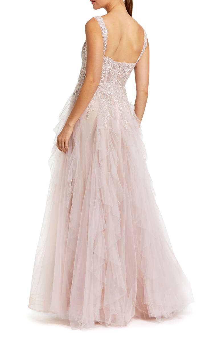 Mac Duggal Thin Strap Bustier Tulle Gown With Ruffle Skirt, Alternate, color, Porcelain Multi