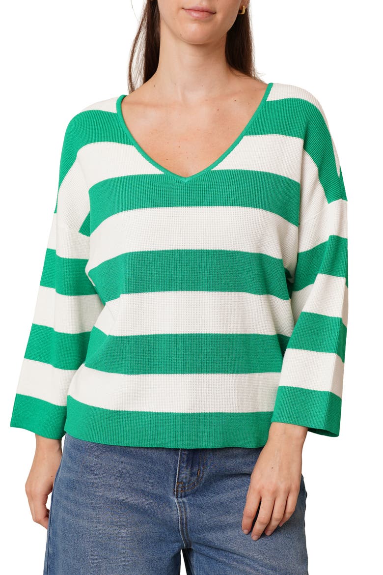 Stripe V-Neck Waffle Knit Sweater, Main, color, GREEN JELLY BEAN/ BRIGHT WHITE