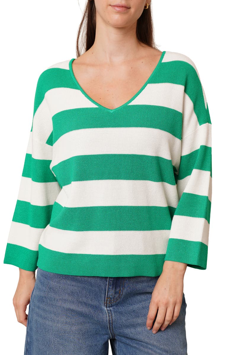 CYRUS Stripe V-Neck Waffle Knit Sweater, Main, color, Green Jelly Bean/ Bright White
