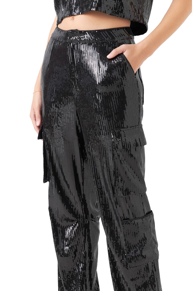 Sequin Wide Leg Cargo Pants, Alternate, color, BLACK