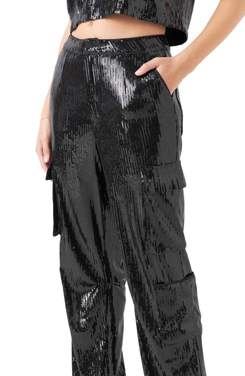 Endless Rose Sequin Wide Leg Cargo Pants, Alternate, color, Black