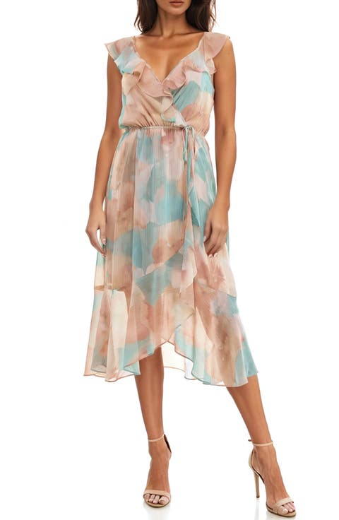 Ruffle Faux Wrap Chiffon Midi Dress