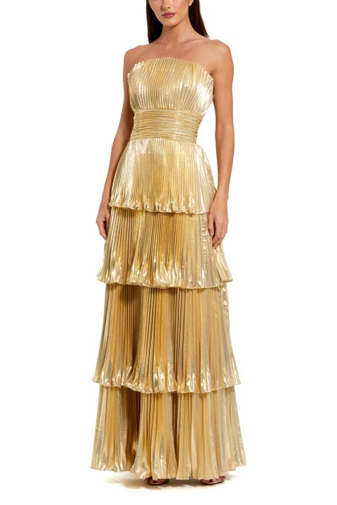 Strapless Pleated Metallic Layered High Low Gown